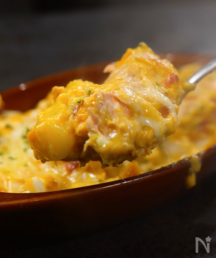 もっちもち鮭とかぼちゃのトッポギグラタンペンネ代用可